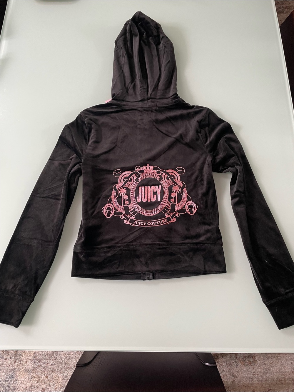 Juicy Couture Black Velour Hooded Bomber Jacket with Pink Crest Logo
